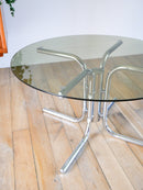 Table Basse Ronde En Verre Fumé & Chrome - Piètement Étoile, Design 1970