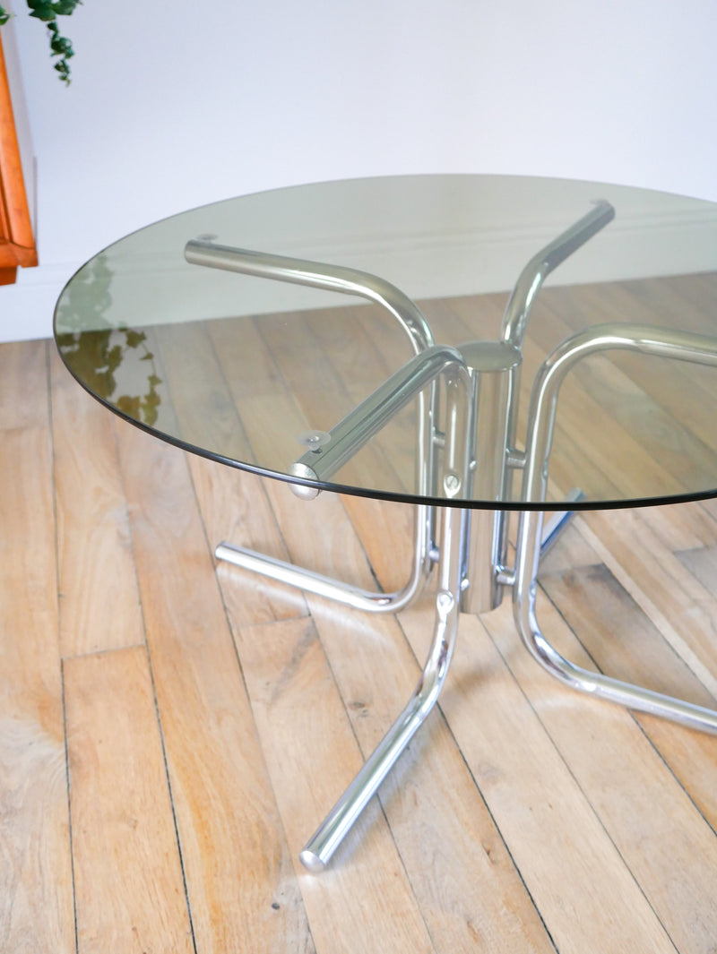 Table Basse Ronde En Verre Fumé & Chrome - Piètement Étoile, Design 1970