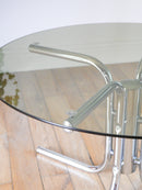 Table Basse Ronde En Verre Fumé & Chrome - Piètement Étoile, Design 1970