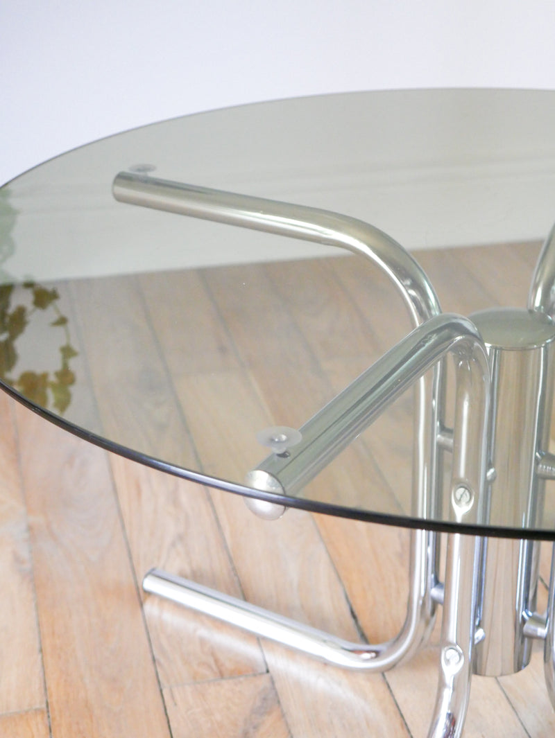 Table Basse Ronde En Verre Fumé & Chrome - Piètement Étoile, Design 1970