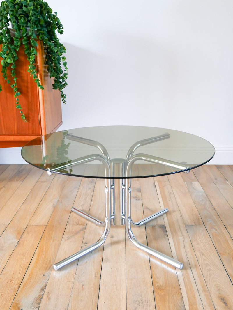 Table Basse Ronde En Verre Fumé & Chrome - Piètement Étoile, Design 1970