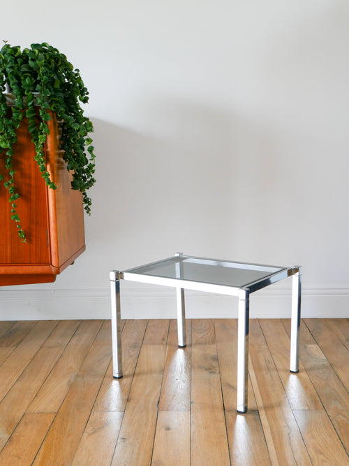 Petite Table Basse En Chrome Et Verre Fumé - Design - 1970