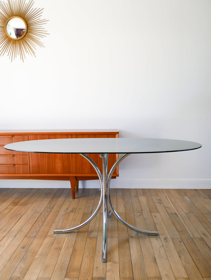 Grande Table De Salon Ovale En Verre Fumé Et Chrome - Piètements Étoile - Design - 1970