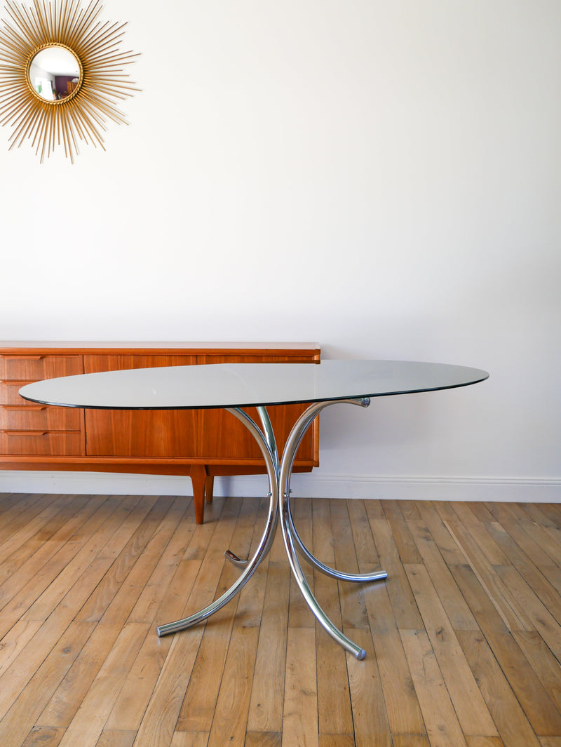 Grande Table De Salon Ovale En Verre Fumé Et Chrome - Piètements Étoile - Design - 1970