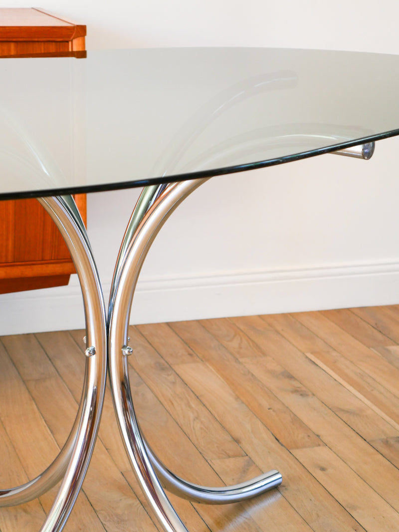 Grande Table De Salon Ovale En Verre Fumé Et Chrome - Piètements Étoile - Design - 1970