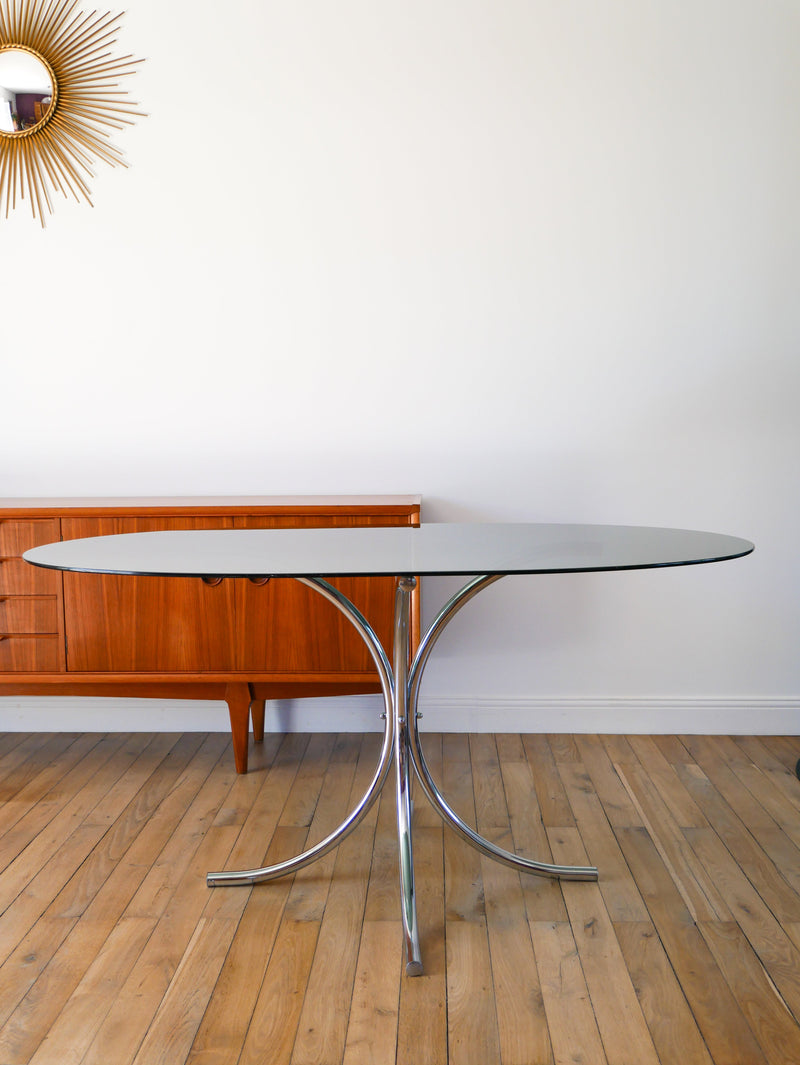 Grande Table De Salon Ovale En Verre Fumé Et Chrome - Piètements Étoile - Design - 1970