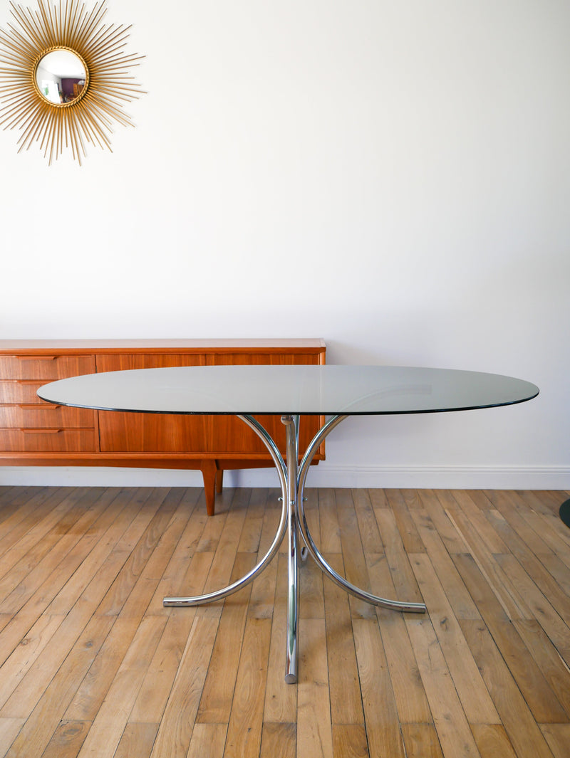 Grande Table De Salon Ovale En Verre Fumé Et Chrome - Piètements Étoile - Design - 1970