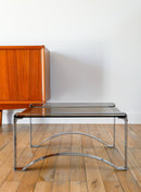 Table Basse Rectangulaire En Chrome Et Verre Fumé - Pieds Arqués - Space Age - Design - 1970