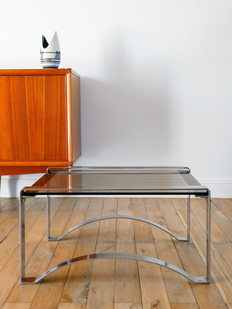 Table Basse Rectangulaire En Chrome Et Verre Fumé - Pieds Arqués - Space Age - Design - 1970