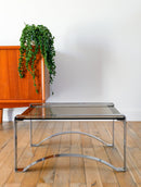 Table Basse Rectangulaire En Chrome Et Verre Fumé - Pieds Arqués - Space Age - Design - 1970