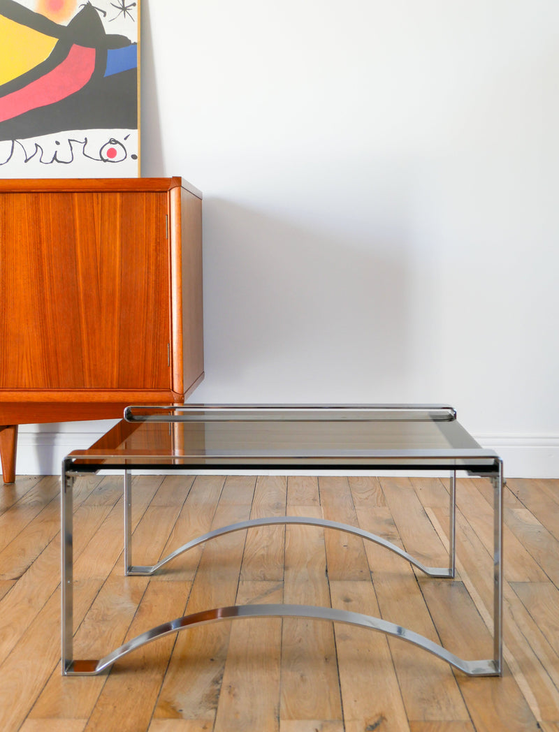 Table Basse Rectangulaire En Chrome Et Verre Fumé - Pieds Arqués - Space Age - Design - 1970