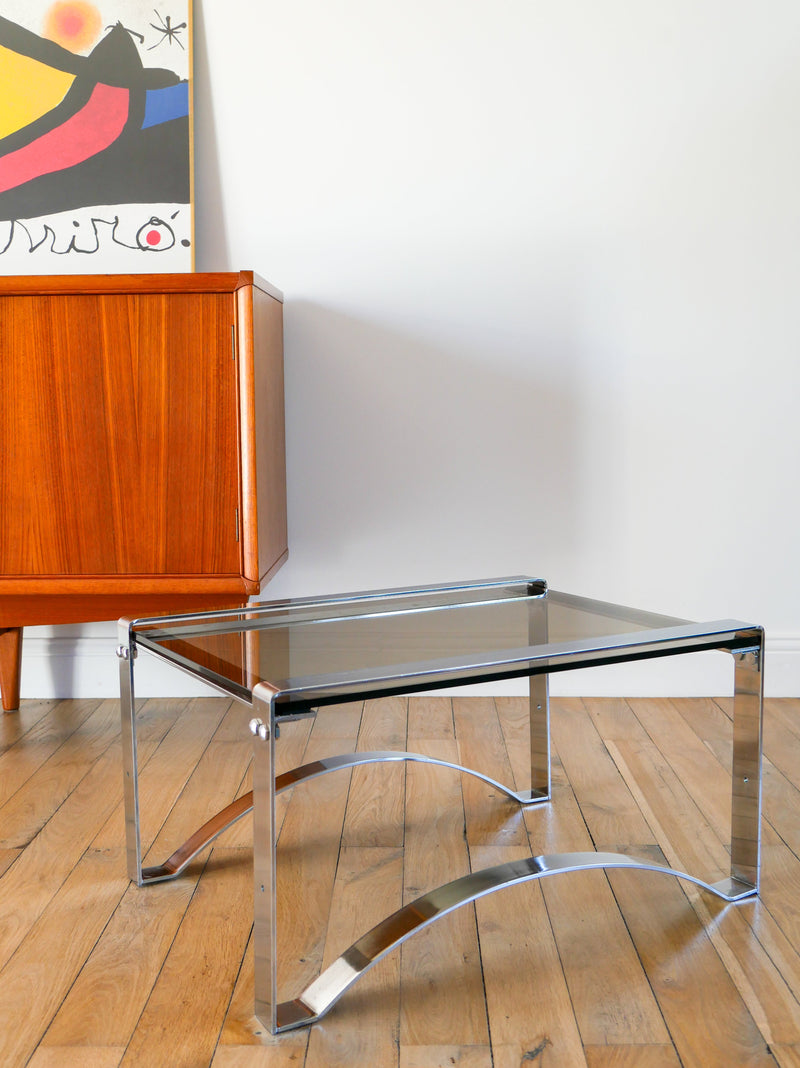 Table Basse Rectangulaire En Chrome Et Verre Fumé - Pieds Arqués - Space Age - Design - 1970