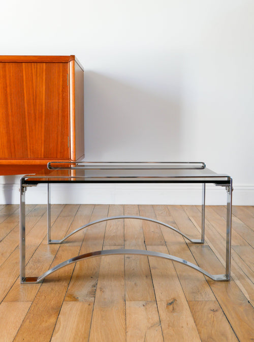 Table Basse Rectangulaire En Chrome Et Verre Fumé - Pieds Arqués - Space Age - Design - 1970