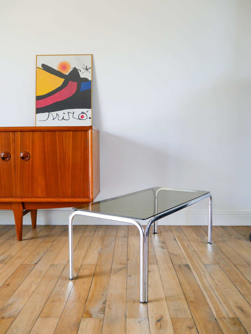 Table Basse Rectangulaire En Chrome Et Verre Fumé - Pieds Tubulaires - Design,1970