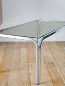 Table Basse Rectangulaire En Chrome Et Verre Fumé - Pieds Tubulaires - Design,1970