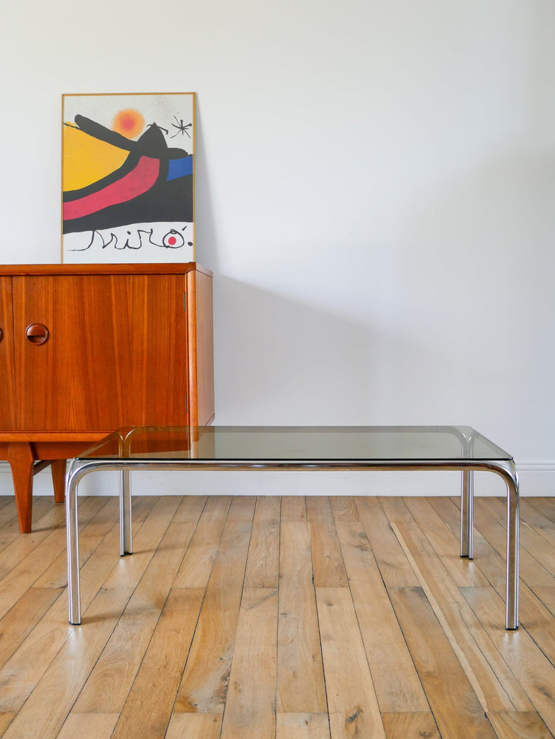 Table Basse Rectangulaire En Chrome Et Verre Fumé - Pieds Tubulaires - Design,1970