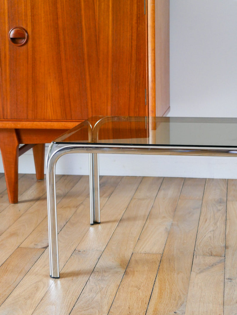 Table Basse Rectangulaire En Chrome Et Verre Fumé - Pieds Tubulaires - Design,1970