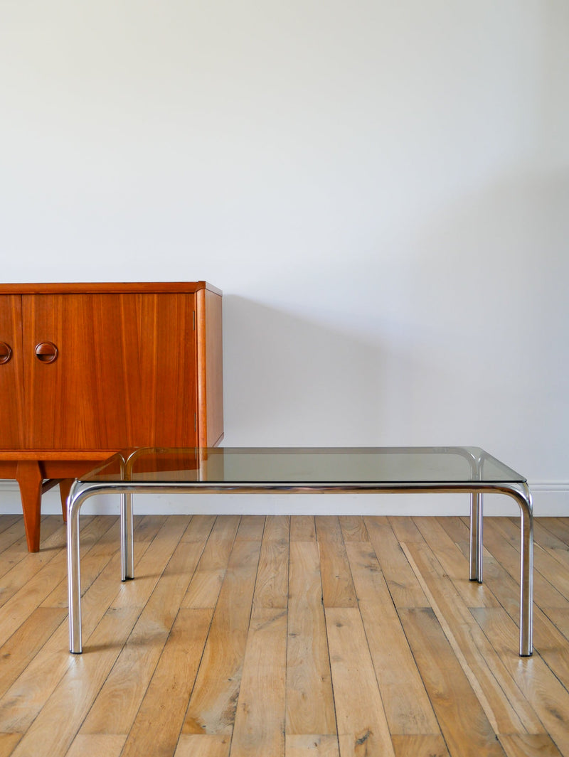 Table Basse Rectangulaire En Chrome Et Verre Fumé - Pieds Tubulaires - Design,1970