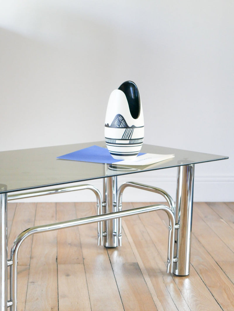 Table Basse Rectangulaire En Chrome Et Verre Fumé - Design,1970 - 84 X 34 X 35 Cm