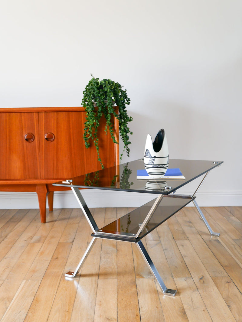 Table Basse Rectangulaire Double Plateaux - En Chrome Et Verre Fumé - Design,1970