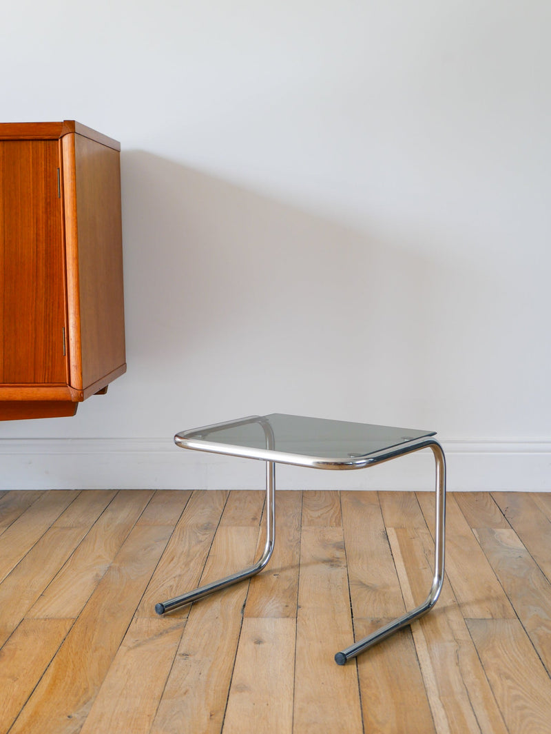 Petite Table En Verre Fumé - Pieds Tubulaires - 1970