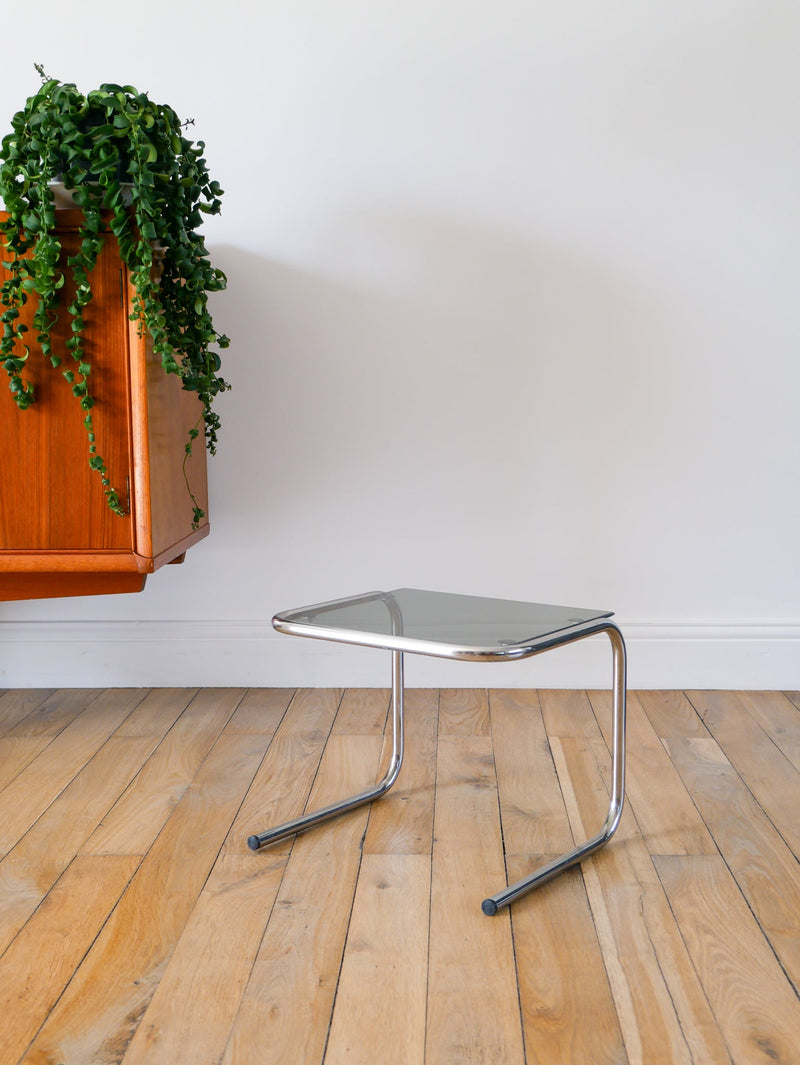 Petite Table En Verre Fumé - Pieds Tubulaires - 1970