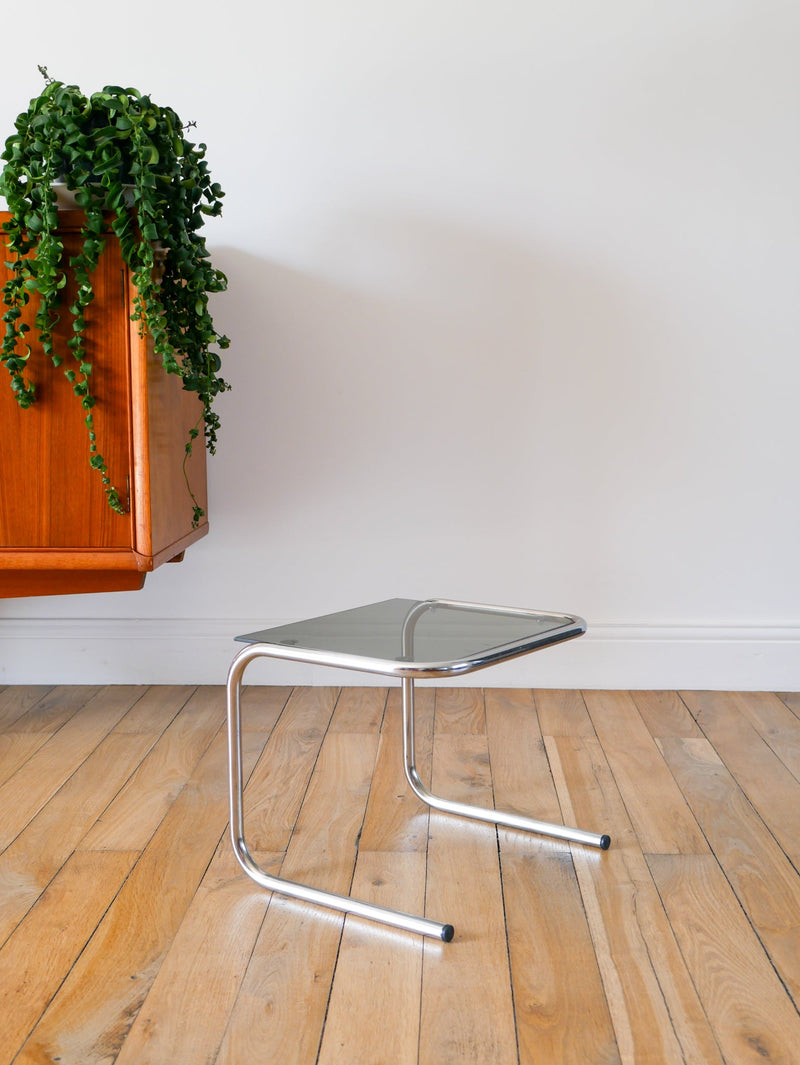 Petite Table En Verre Fumé - Pieds Tubulaires - 1970