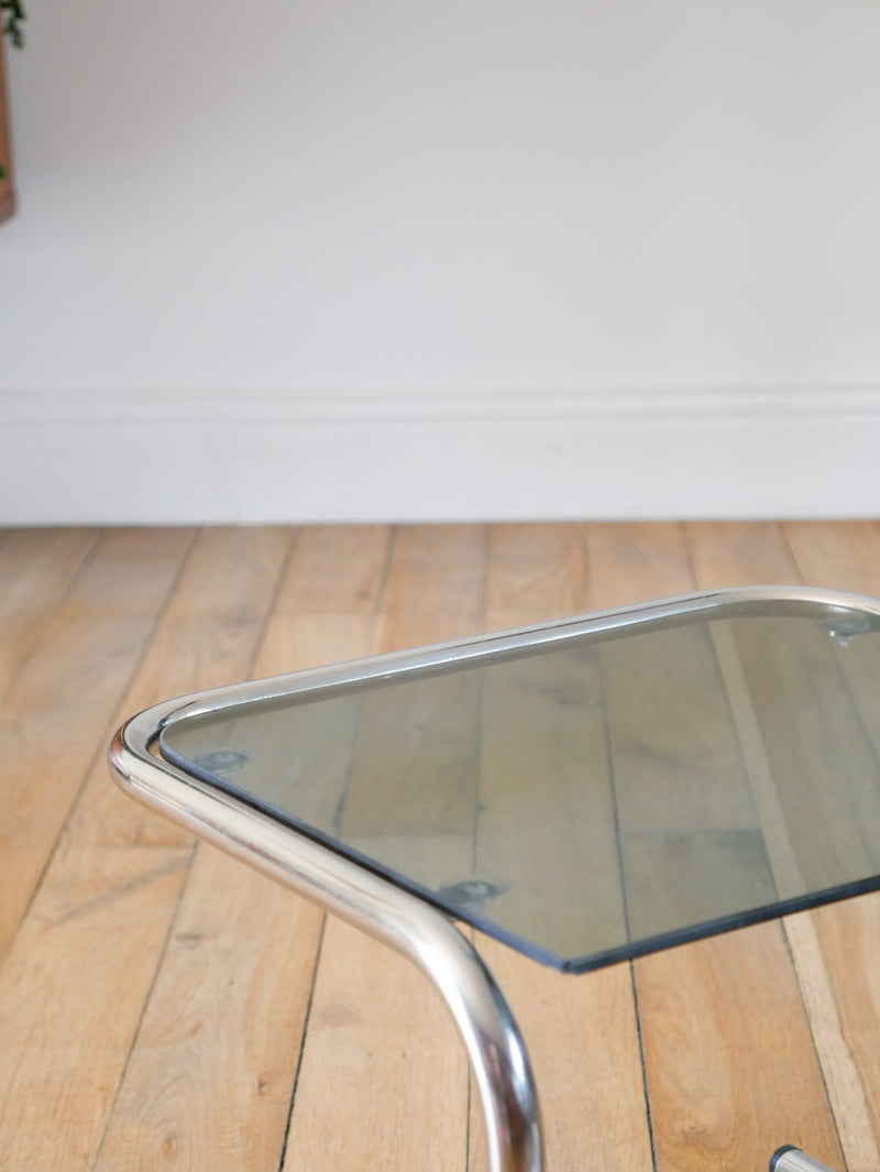 Petite Table En Verre Fumé - Pieds Tubulaires - 1970