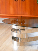 Table Basse Ovoïde En Verre Fumé Et Chrome - Piètement En S - Design - 1970