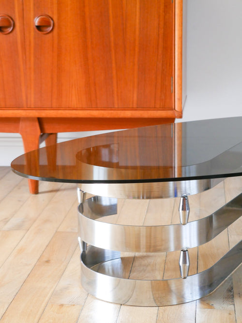 Table Basse Ovoïde En Verre Fumé Et Chrome - Piètement En S - Design - 1970