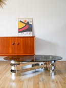 Table Basse Ovoïde En Verre Fumé Et Chrome - Piètement En S - Design - 1970