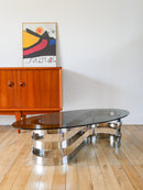 Table Basse Ovoïde En Verre Fumé Et Chrome - Piètement En S - Design - 1970