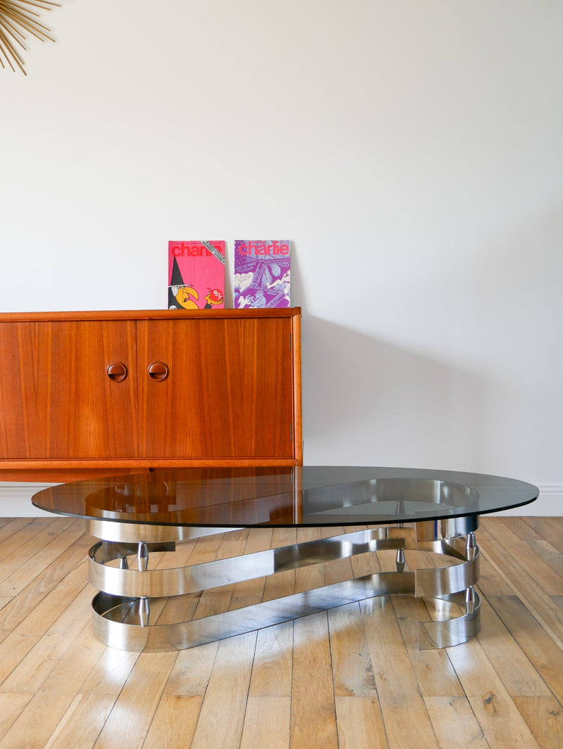 Table Basse Ovoïde En Verre Fumé Et Chrome - Piètement En S - Design - 1970