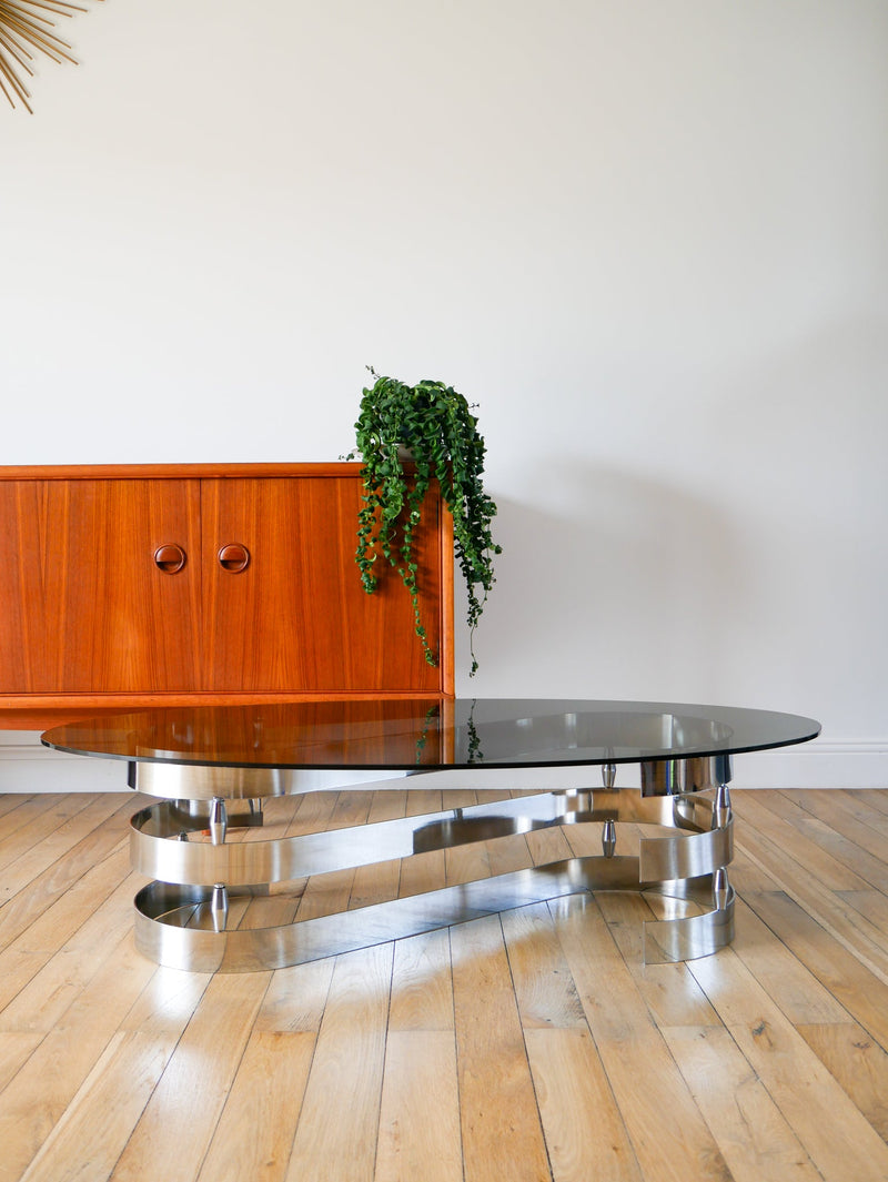 Table Basse Ovoïde En Verre Fumé Et Chrome - Piètement En S - Design - 1970