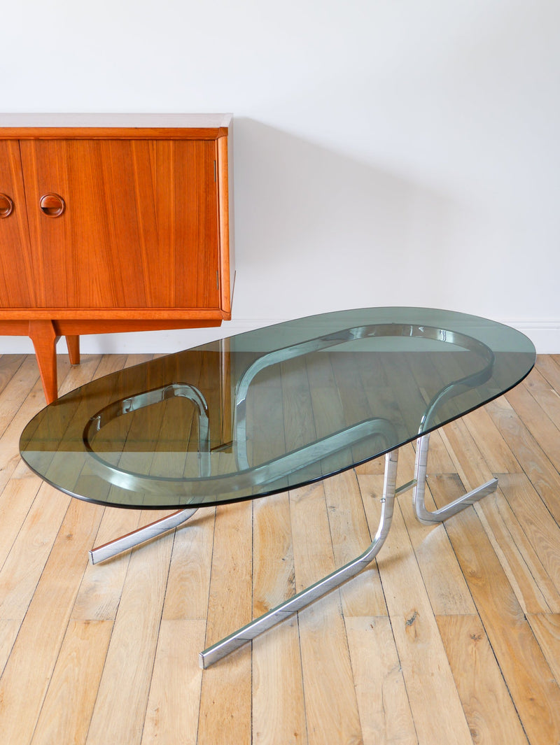 Table Basse Ovale En Verre Fumé Et Chrome - Piètement Original En Double S Design - 1970