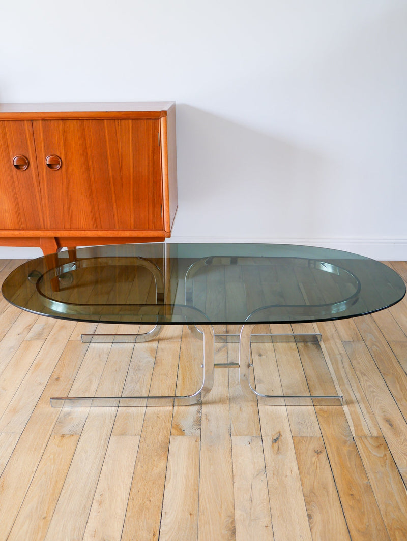 Table Basse Ovale En Verre Fumé Et Chrome - Piètement Original En Double S Design - 1970