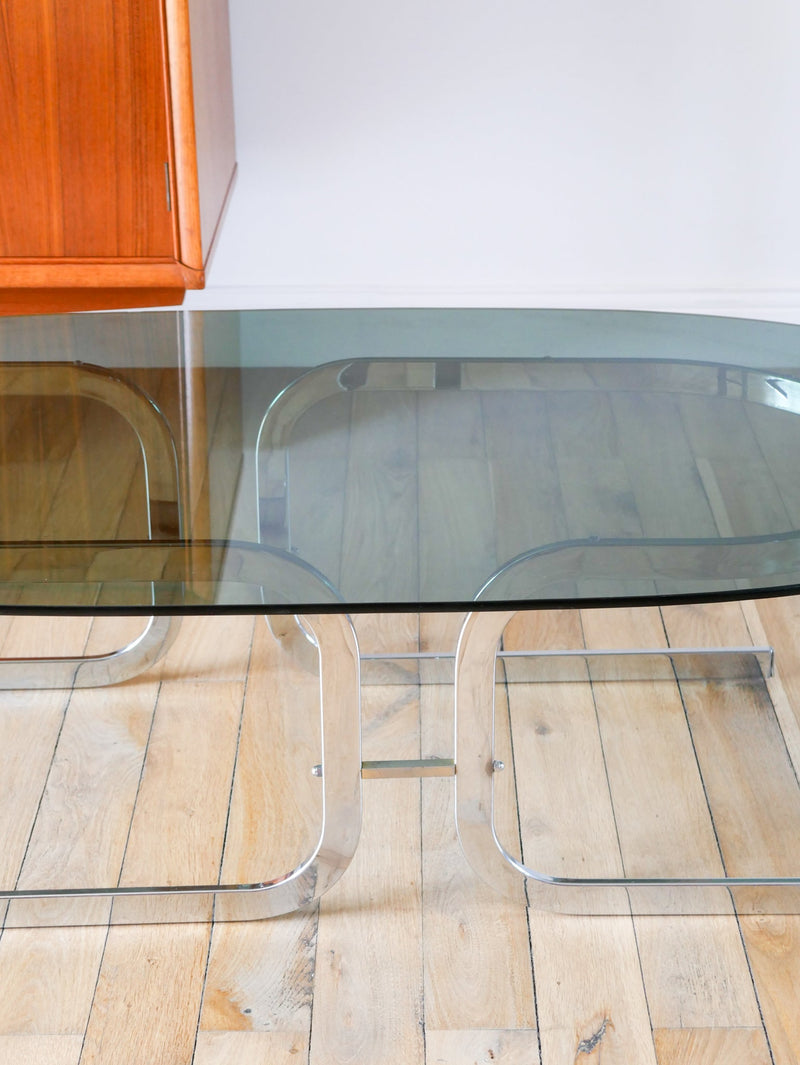 Table Basse Ovale En Verre Fumé Et Chrome - Piètement Original En Double S Design - 1970