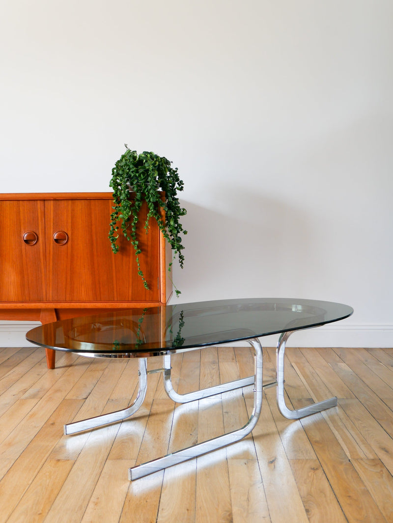 Table Basse Ovale En Verre Fumé Et Chrome - Piètement Original En Double S Design - 1970