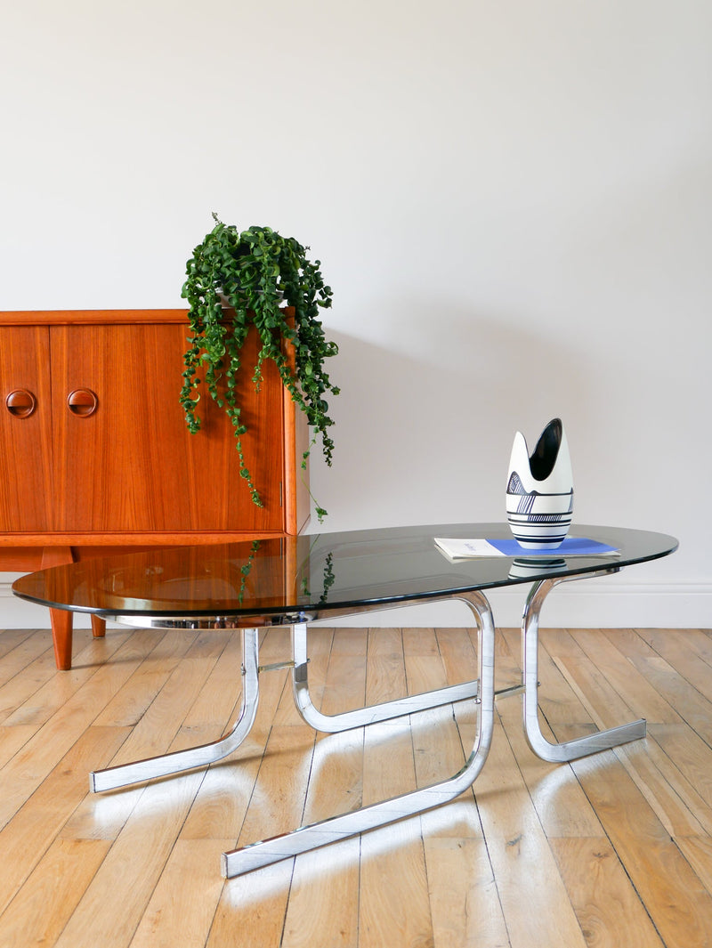 Table Basse Ovale En Verre Fumé Et Chrome - Piètement Original En Double S Design - 1970