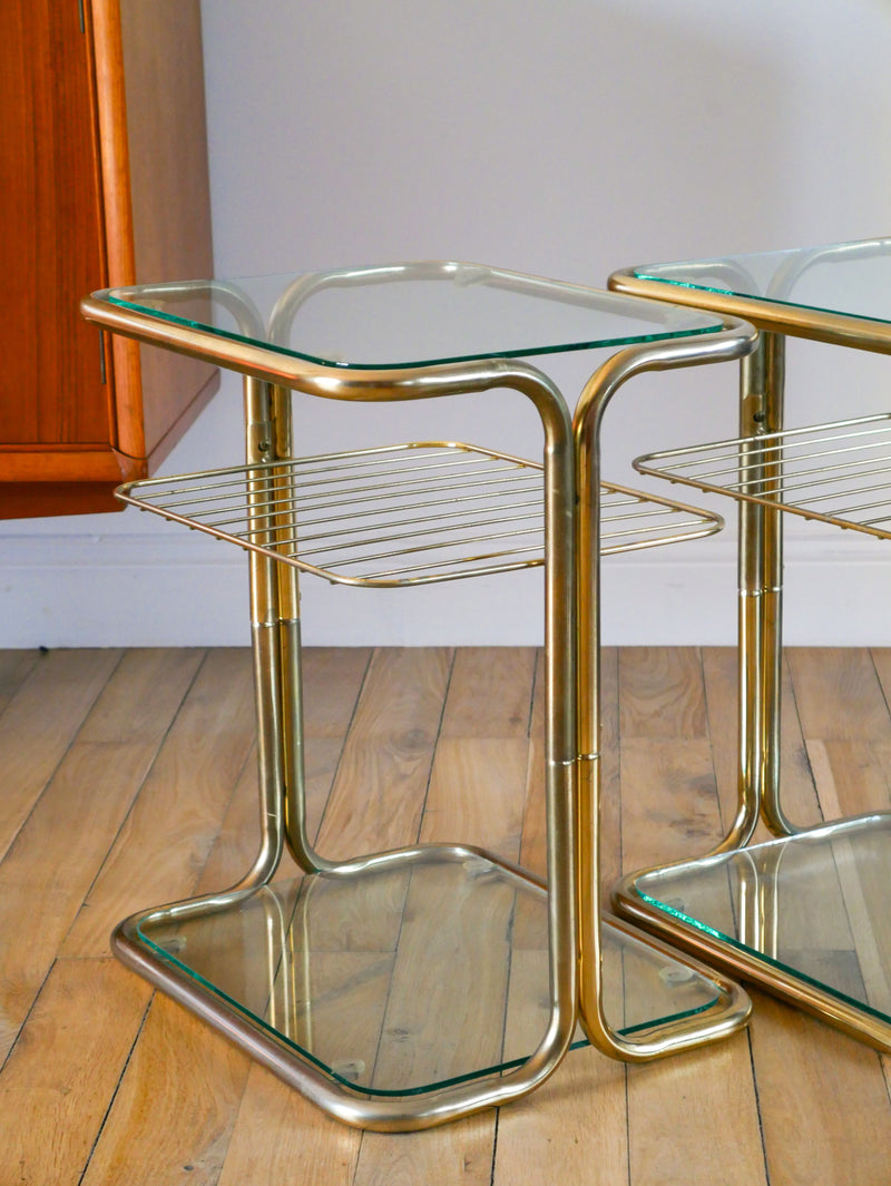 Paire De Tables De Chevets En Laiton Doré Et Verre - Design - 1970