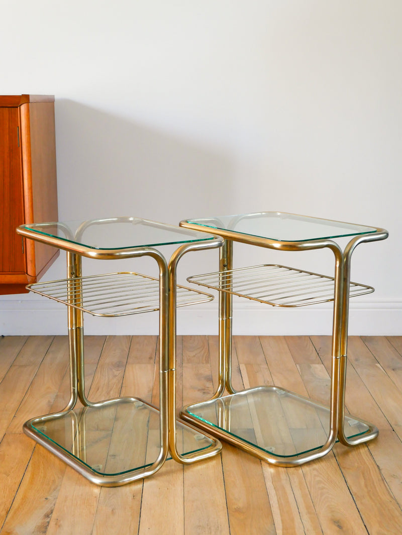 Paire De Tables De Chevets En Laiton Doré Et Verre - Design - 1970