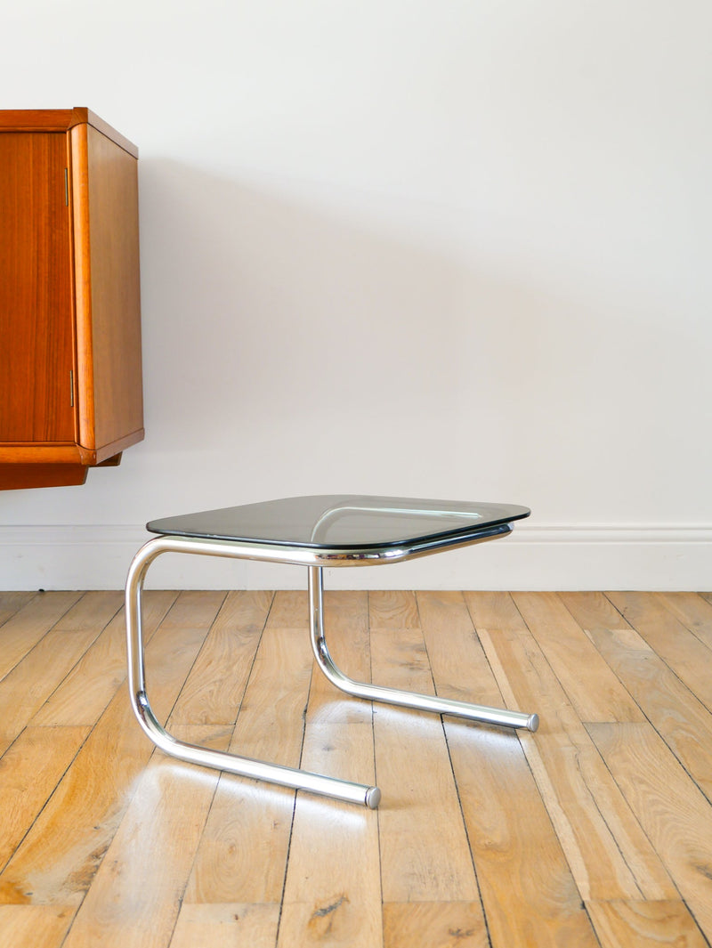 Petite Table Basse Tubulaire En Verre Fumé Et Chrome - Design - 1970