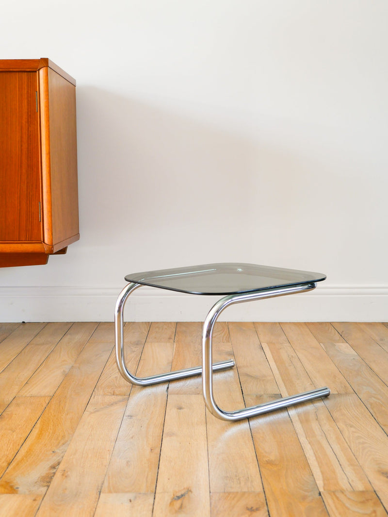 Petite Table Basse Tubulaire En Verre Fumé Et Chrome - Design - 1970