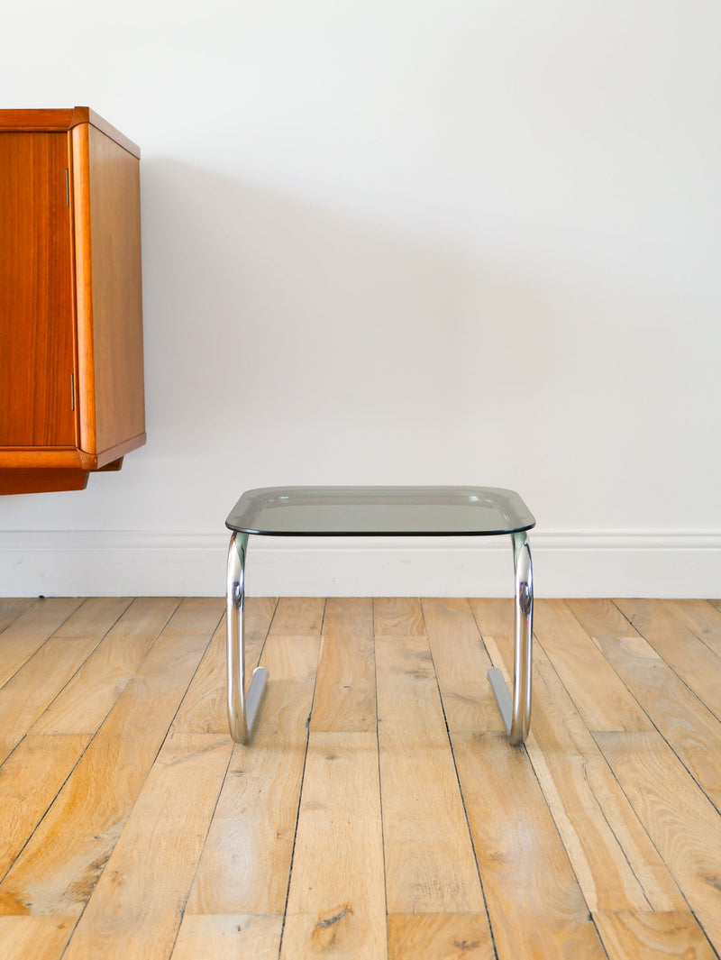 Petite Table Basse Tubulaire En Verre Fumé Et Chrome - Design - 1970