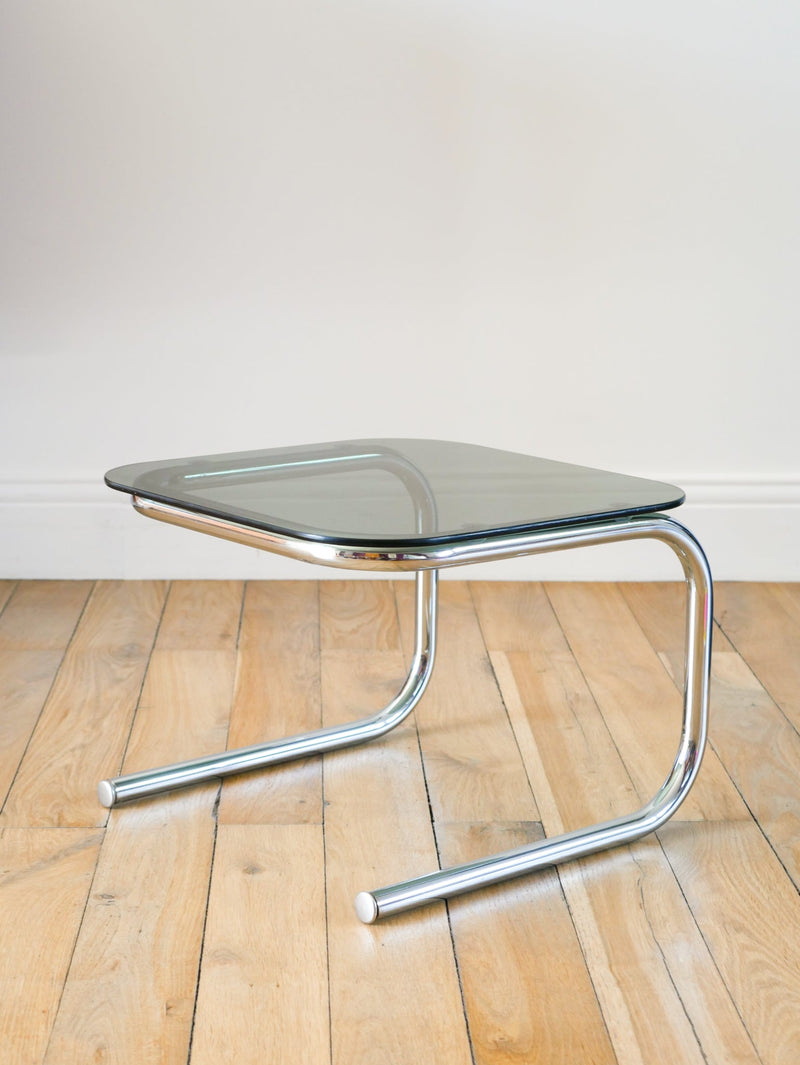 Petite Table Basse Tubulaire En Verre Fumé Et Chrome - Design - 1970