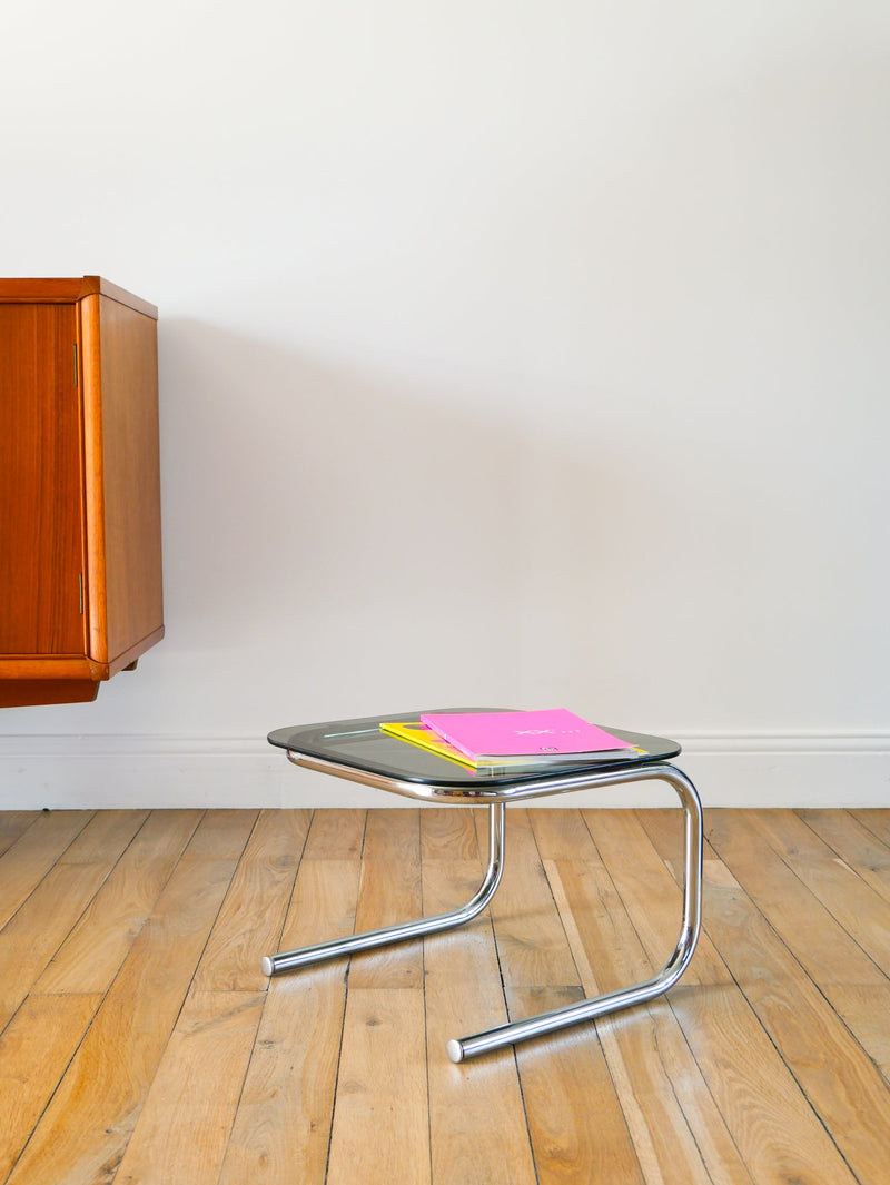 Petite Table Basse Tubulaire En Verre Fumé Et Chrome - Design - 1970