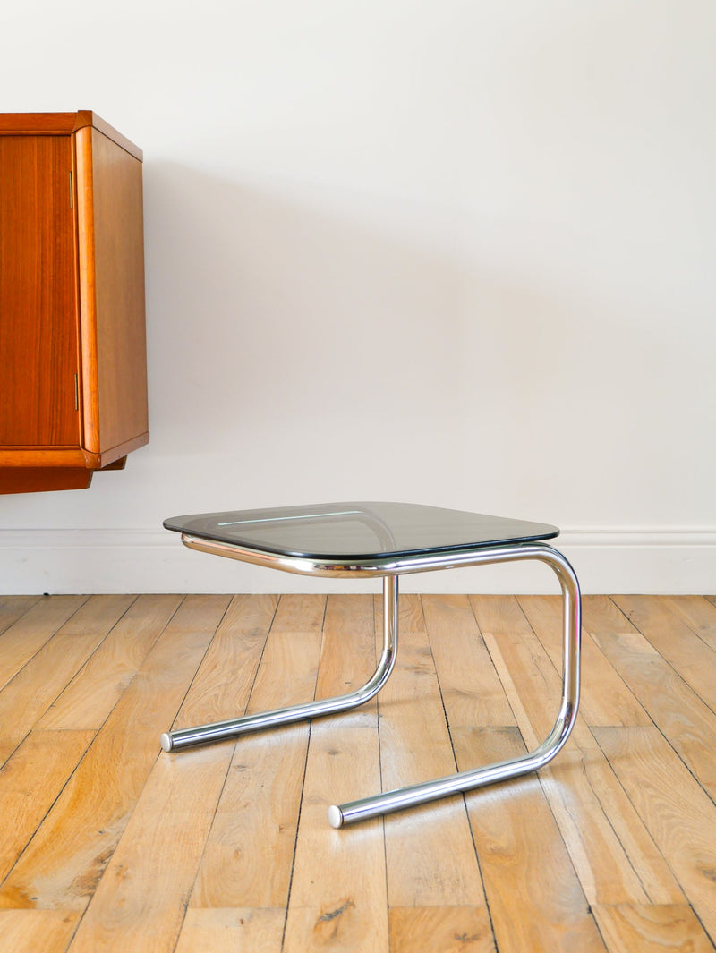 Petite Table Basse Tubulaire En Verre Fumé Et Chrome - Design - 1970