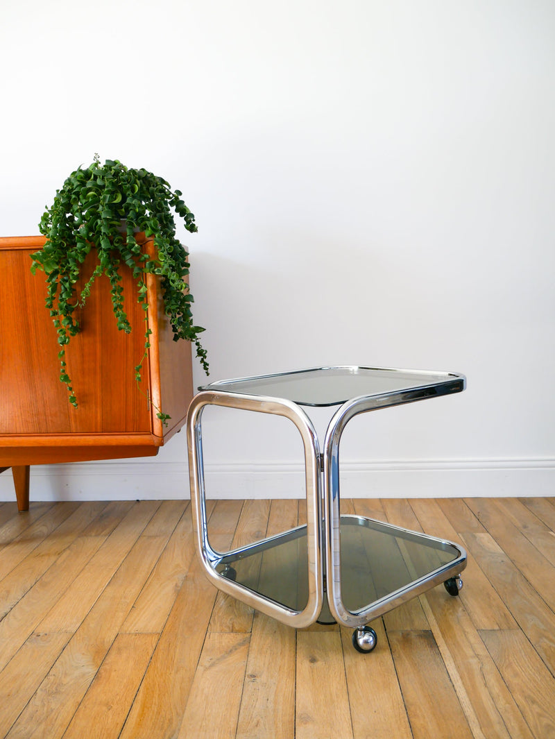 Table D'Appoint Roulante En Chrome Et Verre Fumé Double Étages - Space Age - Design - 1970