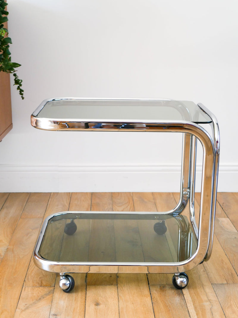 Table D'Appoint Roulante En Chrome Et Verre Fumé Double Étages - Space Age - Design - 1970