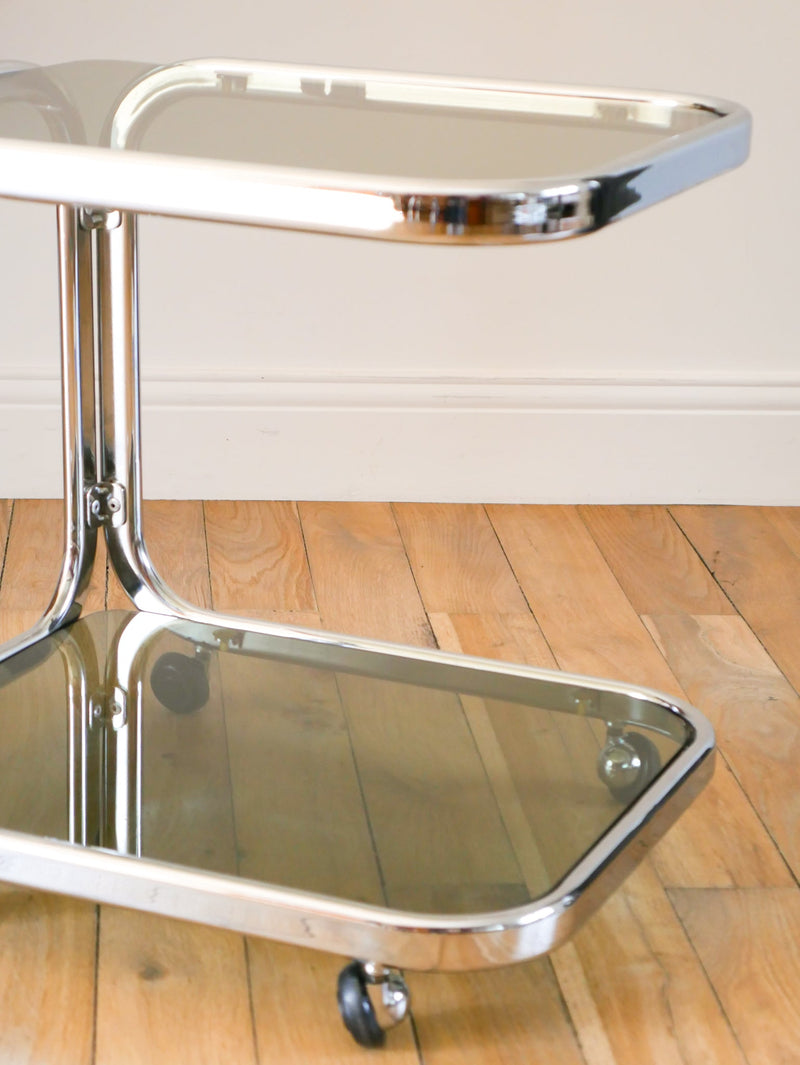 Table D'Appoint Roulante En Chrome Et Verre Fumé Double Étages - Space Age - Design - 1970